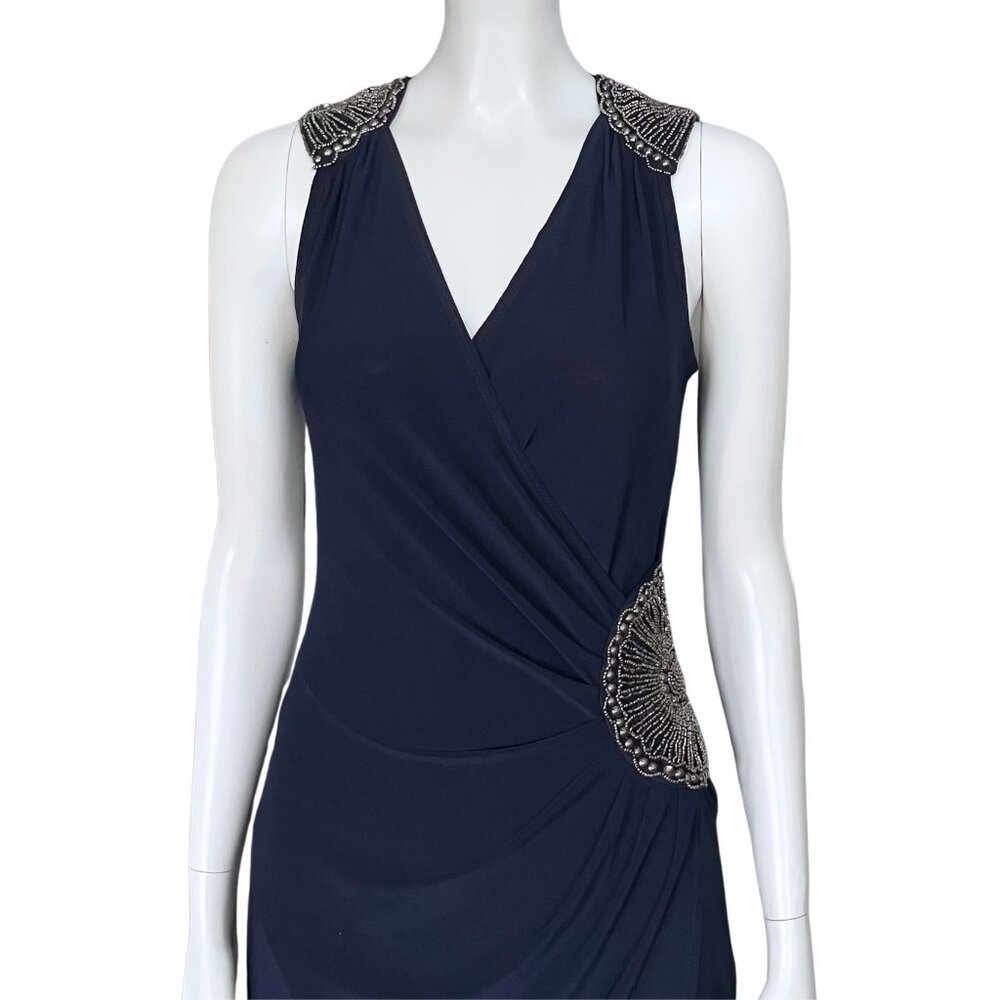 Vintage Y2K Navy Blue Beaded Cocktail Hoco Dress. S/M. Silver Boho Glam Party - Picture 7 of 14